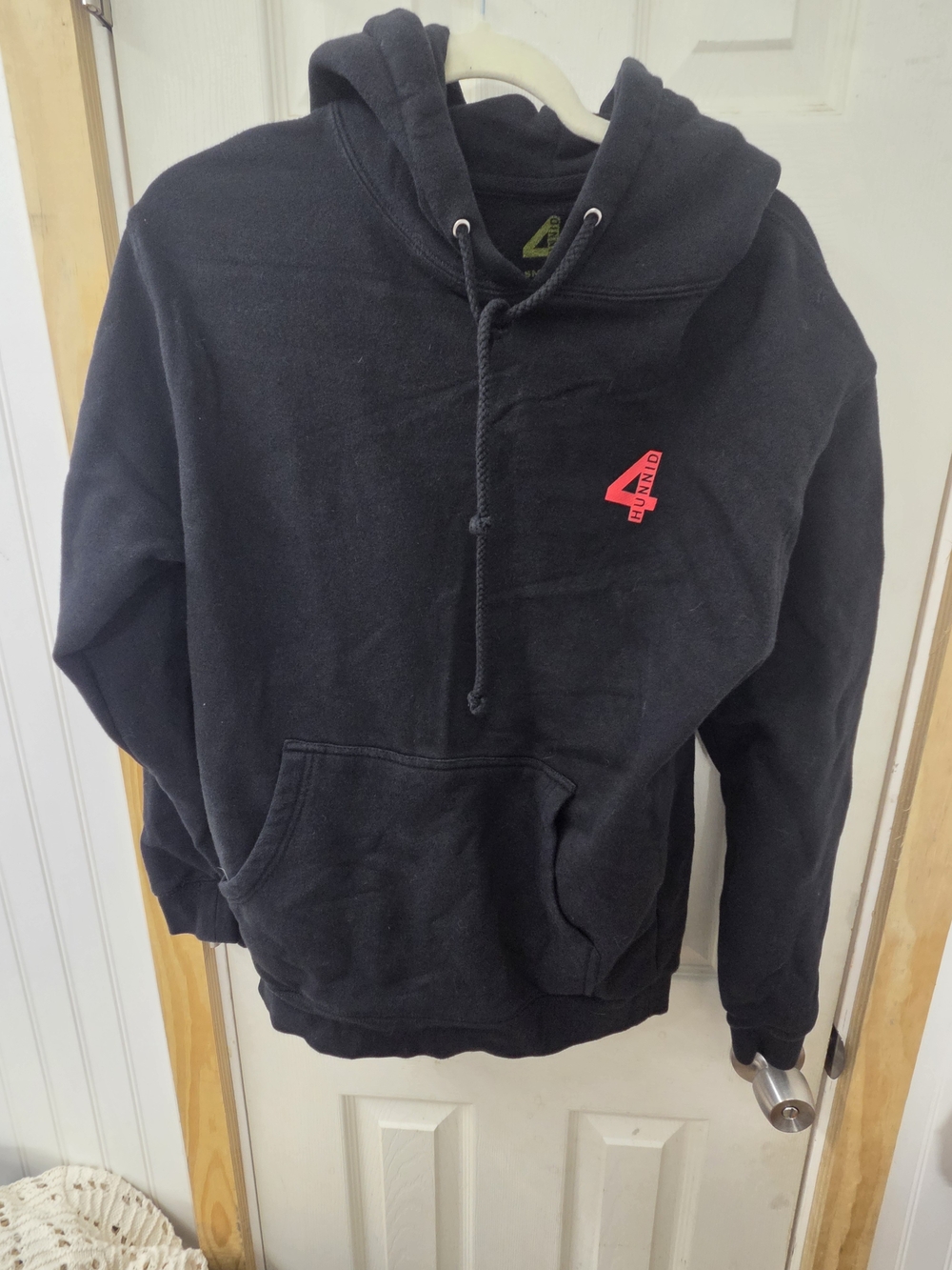 Y2K 4Hunnid Men's Black Pullover Hoodie with Pink Chest Logo -
